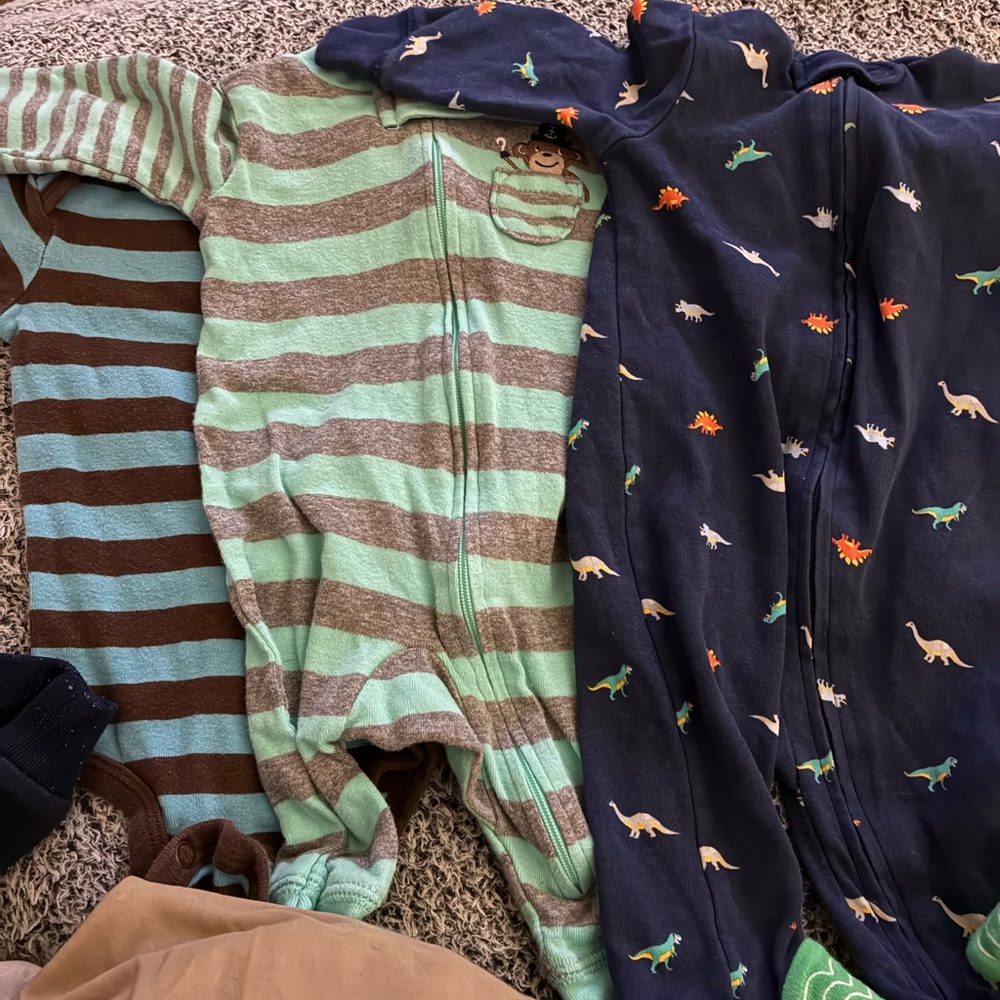 Carter's Green Striped and Navy Dinosaur Footies